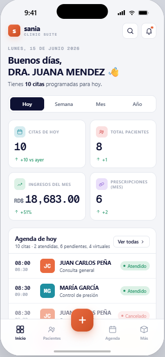 App del doctor Sania — dashboard móvil con citas, ingresos y agenda del día
