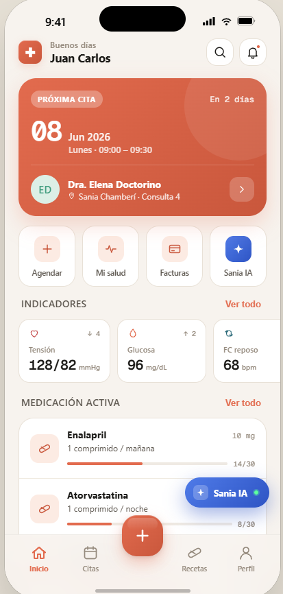 App del paciente Sania — próxima cita, indicadores y medicación